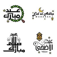paquete de caligrafía de eid mubarak de 4 mensajes de saludo colgando estrellas y luna sobre fondo blanco aislado festividad musulmana religiosa vector