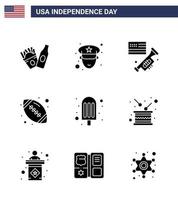 9 paquete de glifos sólidos de estados unidos de signos y símbolos del día de la independencia del día comida alabanza crema deportes elementos de diseño vectorial editables del día de estados unidos vector