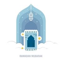 Ramadan Kareem islamic design crescent moon and mosque dome silhouette with arabic pattern and calligraphy vector