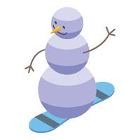 muñeco de nieve en el vector isométrico del icono de snowboard. nieve de invierno