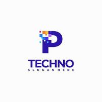 P Pixel Letter Logo Design Template, Pixel Technology logo symbol concept vector