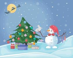 un muñeco de nieve cerca del árbol de navidad. linda ilustración navideña con una foto de un muñeco de nieve parado cerca de un árbol de navidad con regalos y sosteniendo un conejo blanco en sus manos. ilustración vectorial