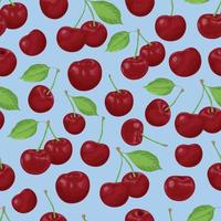 Cherry. Seamless pattern with the image of a cherry with green leaves. Cherry pattern. Seamless pattern with fruit on a blue background. Vector. vector