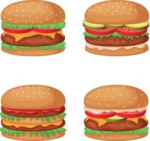 conjunto de hamburguesas. conjunto de cuatro hamburguesas con chuleta, tomates, pepinos, queso y salsas. comida rápida. ilustración vectorial sobre un fondo blanco. vector