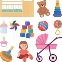 A large collection of children s accessories and toys, such as a crib, a stroller, a bottle with a pacifier and also a doll, a bear, cubes and a rubber ball. Vector illustration