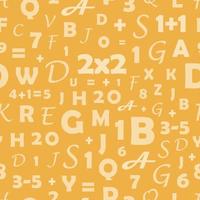 Seamless pattern with letters. School seamless pattern with the image of numbers and letters. Pattern with letters and numbers on an orange background, for print. Vector illustration