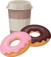 Fast food. An illustration depicting two donuts and a cup of coffee. Sweet donuts and a drink. Vector illustration isolated on a white background