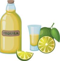 tequila. una botella de tequila, un trago de tequila y limón. composición con alcohol y cal. ilustración vectorial aislada en un fondo blanco vector