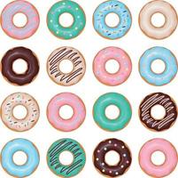 Donuts set. A large collection of donuts, poured with various glazes. Sweet dessert, fast food. Vector illustration isolated on a white background