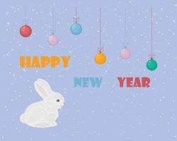 The Christmas bunny. A Christmas card with a picture of a sitting rabbit on a background of snowflakes and Christmas tree toys. Happy New Year greeting card. Vector illustration