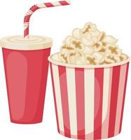 Popcorn and carbonated drink. A big bucket of popcorn and a glass of soda. Fast food. Food for watching movies. Vector illustration isolated on a white background Vector illustration
