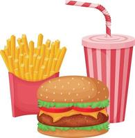 comida rápida. una ilustración que representa una hamburguesa, una bebida carbonatada y papas fritas. un conjunto de comida rápida. ilustración vectorial aislada en un fondo blanco