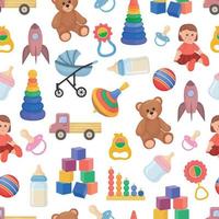 Children toys pattern. Seamless pattern with the image of toys such as a bear, a bundle, a car, cubes and also a pacifier rattle and a pyramid. Children s pattern vector illustration