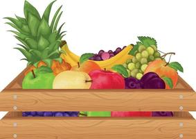 Fruta. una caja de madera con frutas como piña, plátano, peras, manzanas y también ciruelas, duraznos, uvas. fruta en el cajón. productos vegetarianos ilustración vectorial vector