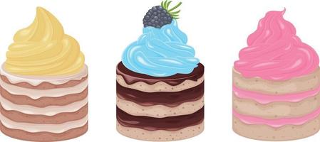 tortas conjunto de diferentes pasteles, forma redonda. tortas decoradas con cremas variadas. una colección de postres dulces. ilustración vectorial vector