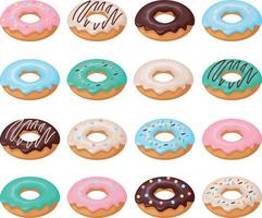 conjunto de donas. una gran colección de donuts, vertidos con varios glaseados. postre dulce, comida rápida. ilustración vectorial aislada en un fondo blanco vector