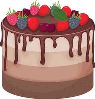 un gran pastel delicioso bizcocho, vertido con chocolate. pastel de chocolate decorado con bayas como fresas, cerezas y moras. ilustración vectorial aislada en un fondo blanco vector