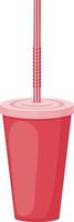 An image of a paper cup with a straw. A plastic cup for fast food. A cup for drinks in red with a straw. Vector illustration isolated on a white background