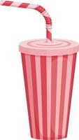 An image of a paper cup with a straw. A plastic cup for fast food. A red-striped beverage cup with a straw. Vector illustration isolated on a white background