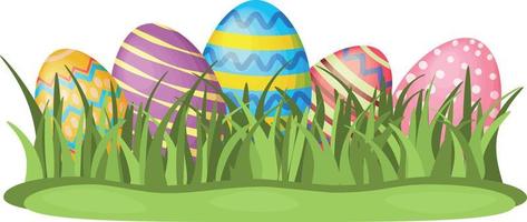 Easter eggs. An illustration of painted Easter eggs lying in the grass on the lawn. Eggs in the green grass. Vector illustration