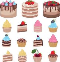 Cakes and pastries. A large set of cakes and cakes decorated with whipped cream, sweet creams and berries. Vector illustration