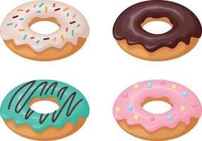 Donut. A collection of donuts decorated with various glazes and sprinkles. Sweet dessert, vector illustration isolated on a white background