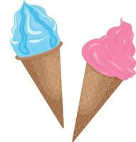 Ice cream. Delicious ice cream in a waffle cone. Vanilla ice cream pink and blue. Vector illustration isolated on a white background