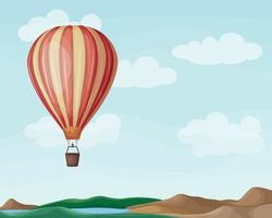 Air balloon. An image of a balloon for flying and traveling. Hot air balloon. Multicolored balloon on the background of clouds and mountains. Vector illustration isolated on a blue background.