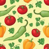 Seamless pattern. Seamless pattern featuring vegetables such as tomatoes, peppers and parsley. Vegetable vegetarian pattern. Vector illustration