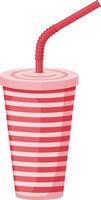 An image of a paper cup with a straw. A plastic cup for fast food. A red-striped beverage cup with a straw. Vector illustration isolated on a white background