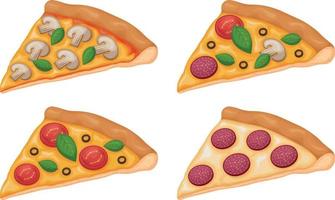 juego de pizzas una colección de cuatro rebanadas de pizza con varios rellenos. pizza con chorizo, champiñones, tomates y queso. ilustración vectorial aislada en un fondo blanco vector