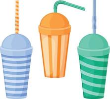 A paper cup. A set of paper cups with a straw. Plastic cups for fast food. A cup for drinks of different colors with a straw. Vector illustration isolated on a white background