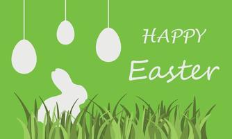 Happy Easter. Greeting card with a silhouette of an Easter bunny and Easter eggs on a green background. Easter bunny in the grass. Vector illustration