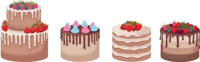 Cakes. A set of cakes of different sizes and shapes, decorated with berries, chocolate and whipped cream. Sweet dessert. Vector illustration