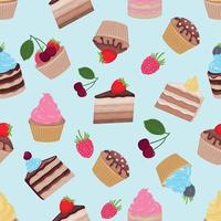 Cakes. Seamless pattern with the image of cakes and cupcakes. A sweet dessert pattern. Pattern for print and packaging. Vector illustration