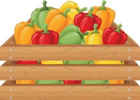 Bulgarian pepper. Wooden box with pepper. Wooden box with ripe vegetables. Vector illustration isolated on a white background