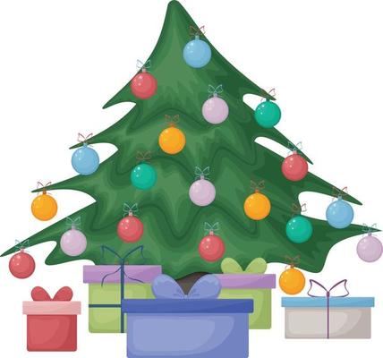 Christmas tree. Christmas tree decorated with colorful balloons. Christmas illustration. Gifts in boxes under a festive tree. Vector illustration on a white background
