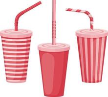 A paper cup. A set of paper cups with a straw. Plastic cups for fast food. A red beverage cup with a straw. Vector illustration isolated on a white background