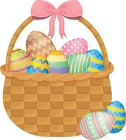 Easter eggs. A basket with bright, colorful Easter eggs. Painted Easter eggs in a basket. Vector illustration isolated on a white background