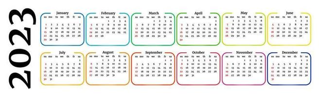 Horizontal calendar for 2023 isolated on a white background. Sunday to Monday, business template. Vector illustration