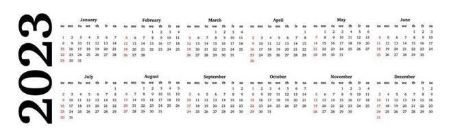 Horizontal calendar for 2023 isolated on a white background. Sunday to Monday, business template. Vector illustration