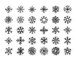 Hand drawn snowflakes on white background. Set of thirty dark snowflakes. Christmas and New Year decoration elements. Vector illustration.