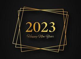 2023 Happy New Year gold geometric polygonal background. Gold geometric polygonal frame with shining effects for Christmas holiday greeting card, flyers or posters. Vector illustration
