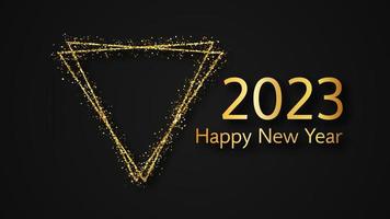 2023 Happy New Year background. Gold inscription in a gold glitter triangle for Christmas holiday greeting card, flyers or posters. Vector illustration