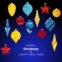 Merry Christmas and Happy New Year dark blue background with christmas balls. Vector background for your greeting cards, invitations, festive posters.