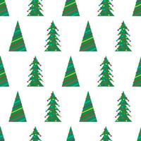 Christmas seamless pattern with green Christmas trees with colorful toys, balls and garlands. Vector illustration