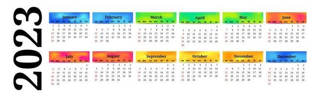 Horizontal calendar for 2023 isolated on a white background. Sunday to Monday, business template. Vector illustration