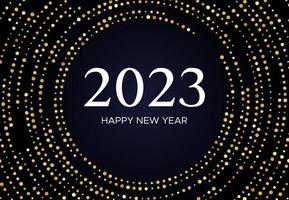 2023 Happy New Year of gold glitter pattern in circle form. Abstract gold glowing halftone dotted background for Christmas holiday greeting card on dark background. Vector illustration