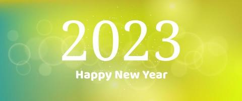 Happy new year 2023 incription on blurred background. White numbers on backdrop with confetti, bokeh and lens flare. Vector illustration