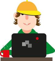 Man in front of a computer with baseball cap, icon, vector on white background.